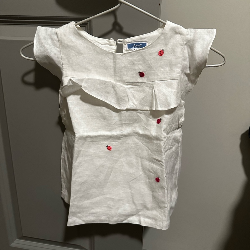 Jacadi White Linen Top with Red Embroidered Ladybugs for Girls - Size: 6 years